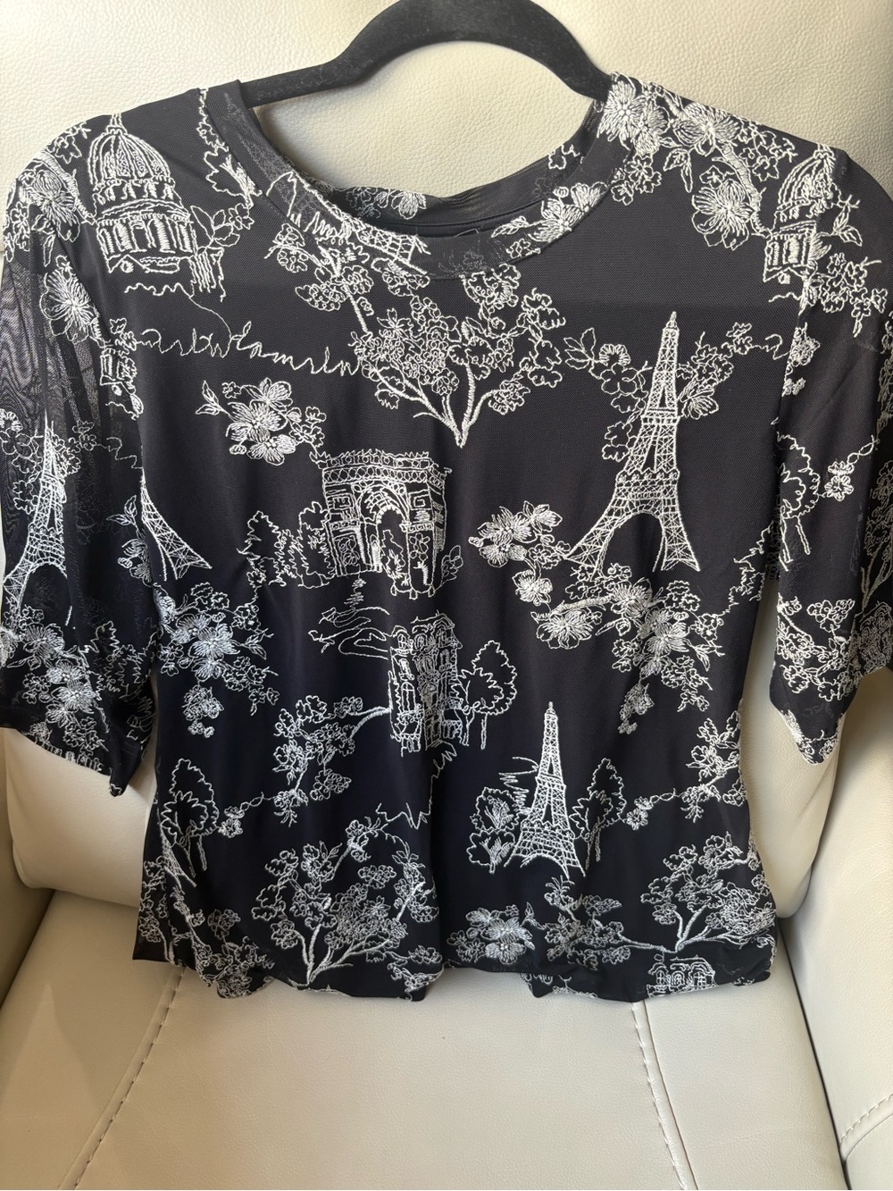 Johnny Was Black Top with White Paris Landmark & Floral Print